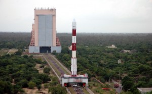 The Polar Satellite Launch Vehicle (PSLV) at Sriharikota launch site from (Credits: ISRO).