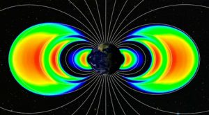 Visualization using actual data from the Relativistic Electron-Proton Telescopes (REPT) on NASA’s Van Allen Probes shows three radiation belts, in orange (Credits: NASA).