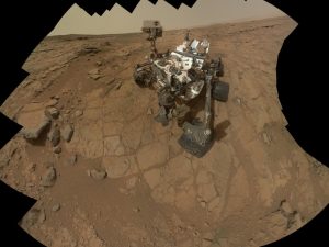 Curiosity self-portrait compiled from 66 images taken February 3 from the site of its first rock drilling (Credits: NASA).