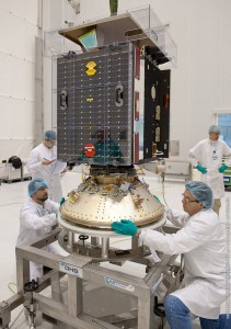 Proba-V is readied to be integrated in the payload “stack” for Vega’s second launch from the Spaceport in French Guiana, which also will orbit the VNREDSat-1 and the ESTCube-1 satellites (Credits: Arianespace).