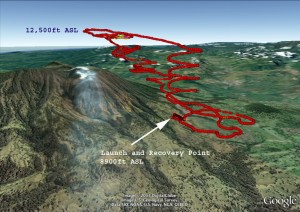 The study launched 10 flights between March 11-14, 2013, into the volcanic plume and along the rim of the Turrialba summit crater approx. 10,500 feet above sea level (Credits: Google).