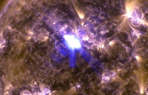 UV image of the April 11 M6.5 solar flare captured by the Solar Dynamics Observatory (Credits: NASA).