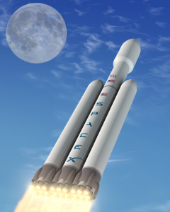 Illustration of SpaceX’s Falcon Heavy launch vehicle (Credits: SpaceX),.