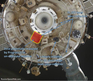 In-orbit view of the aft docking port on the Zvezda service module marking the area potentially impacted by Progress M-19M in April 2013 (Credits: Roscosmos/Anatoly Zak/Russianspaceweb.com).