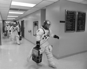“Get me up there” was a comment typical of Pete Conrad, seen here leading his crew from the Operations and Checkout Building on the morning of 25 May 1973 (Credits: NASA).