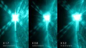 Three solar flares captured May 13-14 by NASA's Solar Dynamics Observatory at 131 angstroms (Credits: NASA).