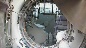 First view from ISS inside ATV-4, shortly after final hatch opening (Credits: ESA/Lionel Ferra).