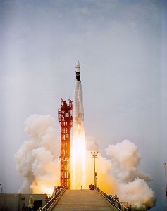 The Augmented Target Docking Adaptor (ATDA) is launched as a replacement for Stafford and Cernan’s failed Agena. (Credits: NASA).