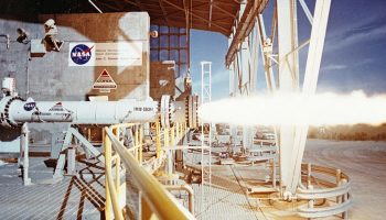 Test firing an American Rocket Company (AMROC) hybrid rocket motor at NASA's Stennis Space Center in 1994 (Credits: NASA).