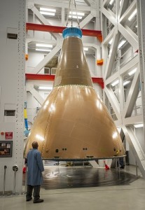 NASA and Lockheed Martin engineers  conduct static loads testing of the Orion Launch Abort System  Fairing Assembly (Credit: Lockheed Martin).