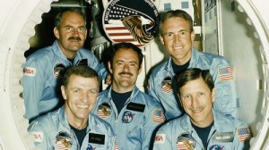 For Joe Engle (front left), James “Ox” van Hoften (back left), and Bill Fisher (back right), 51I would be their final space mission. For the other two crew members, Mike Lounge (center) and Dick Covey (front right), their next voyage together would be aboard Discovery’s very next flight … but after the destruction of Challenger, the shuttle as a vehicle would have changed beyond recognition (Credits: NASA).