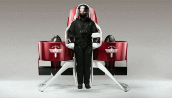 A personal jetpack developed by Martin Aircraft Company with a pilot strapped in place, pictured August 2013 (Credits: PhysOrg/AFP).