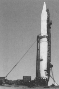 The first R-16 on the launch pad. Nedelin used to sit right where the truck is pictured (Credits: USSR).