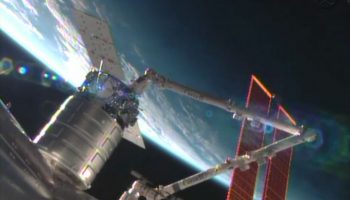 The Cygnus commercial resupply craft is installed by the Canadarm2 to the Harmony node (Credits: NASA).