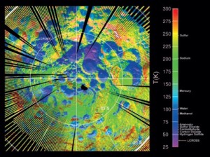 A surface temperature map of the lunar south pole, showing several intensely cold impact craters that could trap water ice and other icy compounds commonly observed in comets (Credits: NASA).
