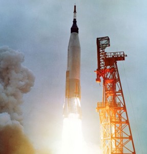 Mercury astronaut Scott Carpenter lifts off from Cape Canaveral on May 24, 1962, in his Aurora 7 capsule. The fourth American in space and second American to orbit Earth, Carpenter spent nearly five hours testing equipment and taking photographs before splashing down (Credits: NASA).