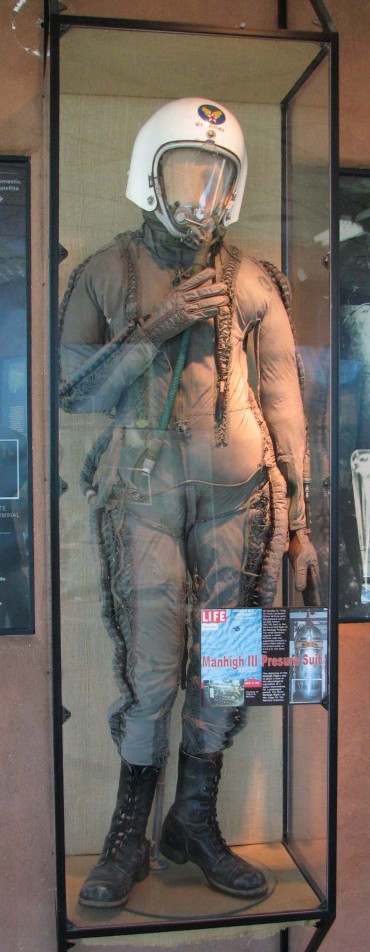 Lt. Clifton McClure wore this partial pressure suit for his 1958 Man High III flight, while he rode in a sealed gondola lifted by a balloon. The suit is displayed at the New Mexico Museum of Space History, in Alamogordo, New Mexico. To show how preservation of such artifacts was not foremost, the museum was told that McClure’s son used to wear this suit for Halloween (Credits: Michael Shinabery/NMMSH).