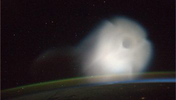 A Rusian missile as seen from ISS. This photograph was taken by astroanut Luca Parmitano.