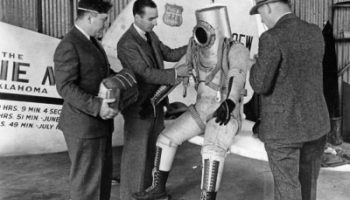 B.F. Goodrich built this suit for aviator Wiley Post, who is at left (Credits:National Air and Space Museum).