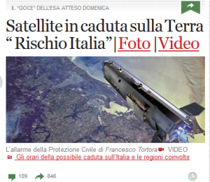 Headlines of "Corriere della Sera," the main Italian newspaper. Translation is "Satellite falling on Earth. Italy at risk" (Credits: Space Safety Magazine).