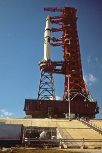 Pad 39B was originally designed for the large Saturn V, and the smaller Saturn IB for the Skylab missions required a “milk stool” to elevate it to the proper level to access the gantry’s utilities and umbilicals (Credits: NASA).