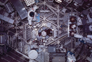 The disorientating nature of the weightless environment, particularly in a large open volume like that of Skylab, offered many of the ingredients for “space sickness” (Credits: NASA).