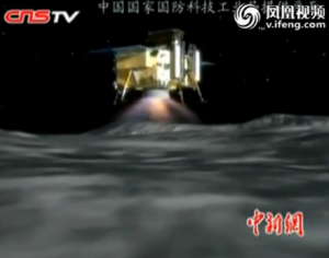 An artist’s impression of the Chang’e 3 landing (Credits: CNS TV).