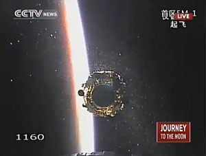 Successful seperation of Chang’e 3 and China’s Yutu lunar rover from the Long March-3B rocket’s third stage as the sun rises over the Pacific Ocean minutes after launch (Credits: CCTV).