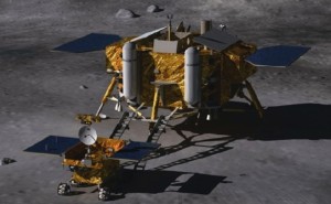 An artist’s concept of the Chang’e 3 lunar lander and its smaller Yutu rover, also named “Jade Rabbit”, on the surface of the moon (Credits: Beijing Institute of Spacecraft System Engineering).