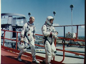 A disappointed but relieved Tom Stafford (left) and Wally Schirra depart Pad 19 after the 12 December pad abort. Their quick thinking and actions that day helped to ensure that they could be quickly recycled to launch a few days later … and saved the rendezvous mission (Credits: NASA).