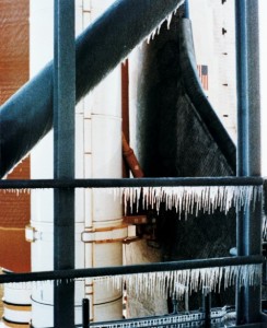 Freezing conditions, as evidenced by large concentrations of ice on Pad 39B, were co-conspirators in Challenger’s destruction on 28 January 1986 (Credits: NASA).