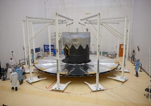 Gaia solar shield undergoing a deployment test at the S5 facility in Kourou (Credits: ESA/CNES/Arianespace).