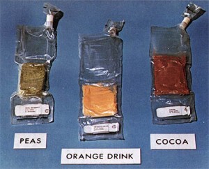 Early space food involved pre-packaged items that although technically safe and nutritious, were not as appetizing as fresh foods. (Credits: NASA)