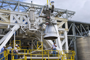 The AJ-26 Aerojet equivalent of the NK-33 is prepared to be installed in the E-1 Test Stand at Stennis Space Center. (Credits: NASA).