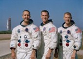 The Apollo 9 crew of (left to right) Jim McDivitt, Dave Scott, and Rusty Schweickart began training to support the D mission in 1966. Their spectacular test flight cleared another hurdle on the road to planting American bootprints on the Moon (Credits: NASA).