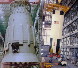 An example of two massive first stages: the Russian N1 Block-A (left) and the American Saturn V S1-C (right). Note the truss architecture at the top of the stage for the Russian launcher and the skirt architecture on the American launcher. (Credits: NPO Energomash, NASA).