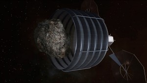 Rendition of a possible architecture for capturing an asteroid as proposed under NASA's Asteroid Retrieval Mission (Credits: NASA).