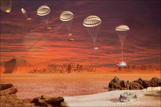 Artist's concept of Huygens probe descending on Titan (Credits: ESA/C.Carreau).