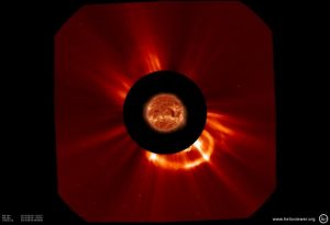 A coronal mass ejection captured by the SOHO satellite (credits: NASA).