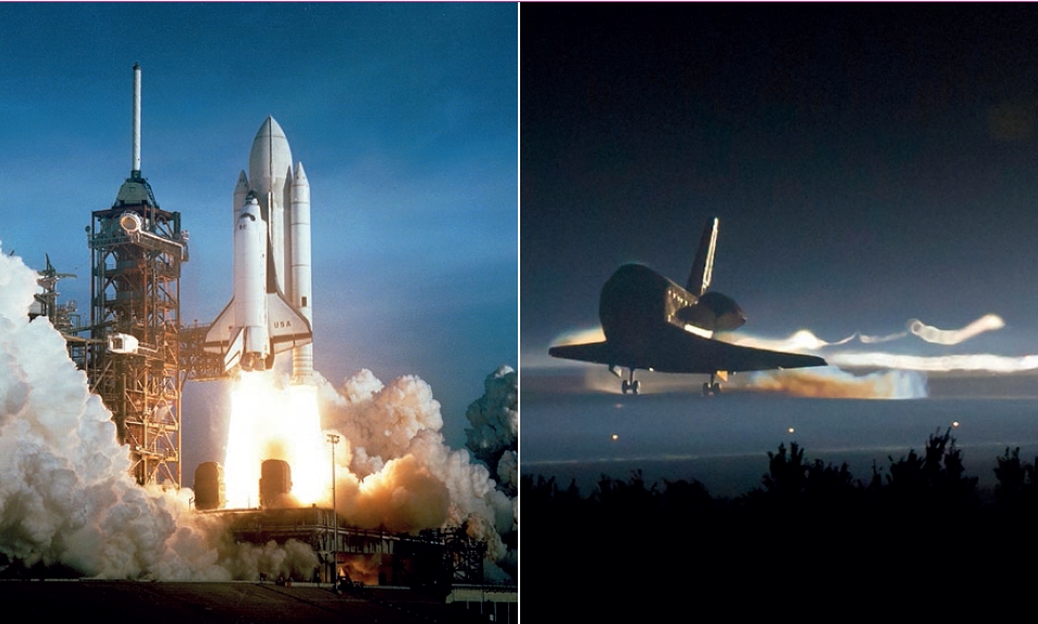 The lift off of Columbia (STS-1, 1981, on the left) and the landing of Atlantis (STS-135, 2011,  on the right) mark the beginning and the end of a 31 year era of triumphs and tragedies (Credits: NASA).