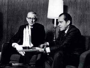 On January 5, 1972, President Nixon announced the Shuttle Program. He is pictured  here with NASA administrator James Fletcher later that day (Credits: NASA).