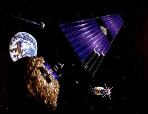 Artists impression of a solar panel array built from asteroid materials. Such arrays could provide unlimited clean energy to the Earth, using microwaves to transmit vast amounts of power from space (Credits: NASA).