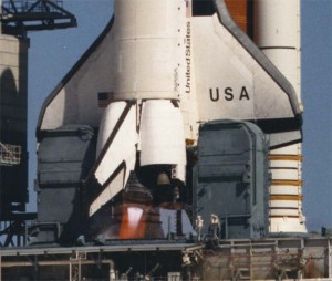 Columbia’s engines flare to life on 22 March 1993—20 years ago this week—in the third RSLS abort of the shuttle program (Credits: NASA).