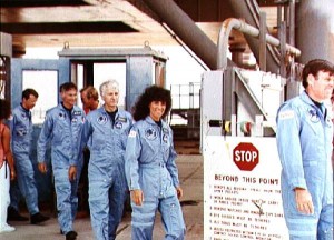 Clad in their blue flight suits, the STS-41D crew included America’s second female astronaut, Judy Resnik (Credits: NASA).