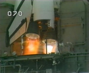 Challenger’s three main engines splutter and die in the shuttle program’s second RSLS pad abort on 12 July 1985. Her actual launch, 17 days later, although it successfully delivered the STS-51F crew into orbit, would be equally harrowing (Credits: NASA).