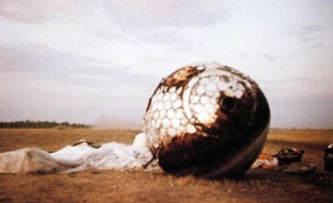 Gagarin’s Vostok-1 capsule, scorched and (it is said) heavily damaged from the furnace-heat of re-entry, had kept the cosmonaut alive for 108 adrenaline-charged minutes (Credits: Roscosmos/Alldayru.com).