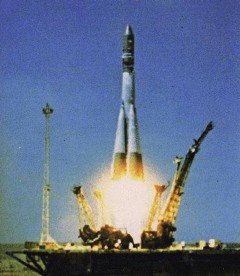 Atop a descendent of Sergei Korolev’s R-7 booster, Gagarin begins his momentous journey into orbit (Credits: Roscosmos).