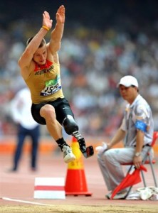 Wojtek Czyz jumps in a classification event for the 2008 Beijing Paraolimpics Games.