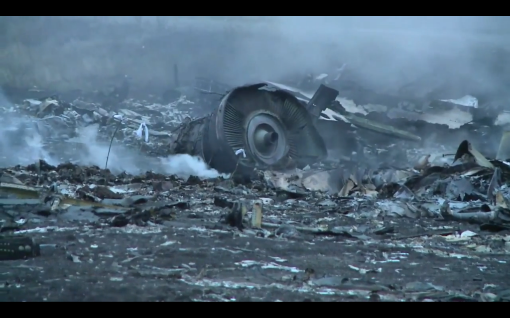 Debris at the crash site of Malaysia Airlines Flight MH17 in Ukraine