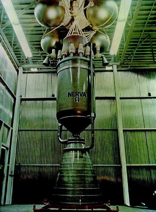 Full scale mockup of the final design NERVA-1 engine circa 1970 that was designed to deliver 75,000 pounds of thrust at 1,500 MW, 10 hours of running lifetime at full power and 60 recycles (full starts and stops) and a specific impulse of 826 seconds.